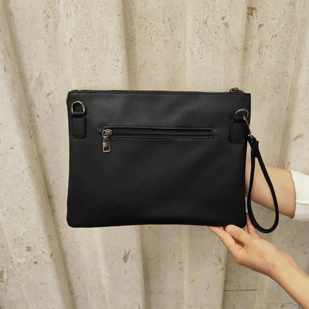Women Clutch Purse PU Leather Crossbody Bag Envelope Wrist Strap Black